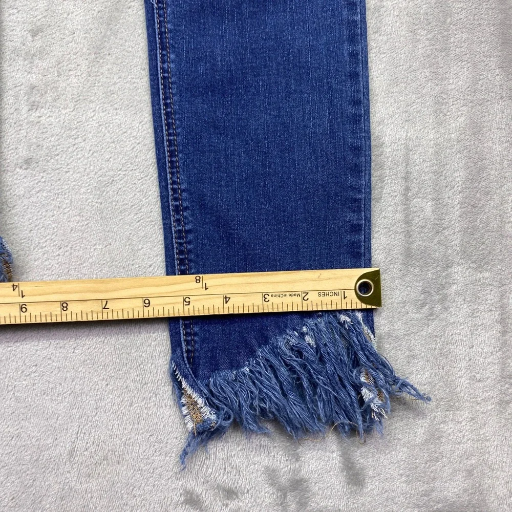 Free People Great Heights Distressed Skinny Jeans Blue Fringe Raw Hem‎ Size 26